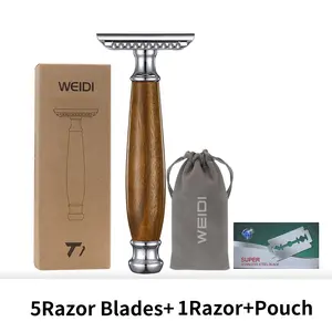 Vintage wooden handle safety Razor for men and women, double edge manual razor set, with 5 razor blades, Beard Shaving Tool, Men's Care Product Smooth Stainless