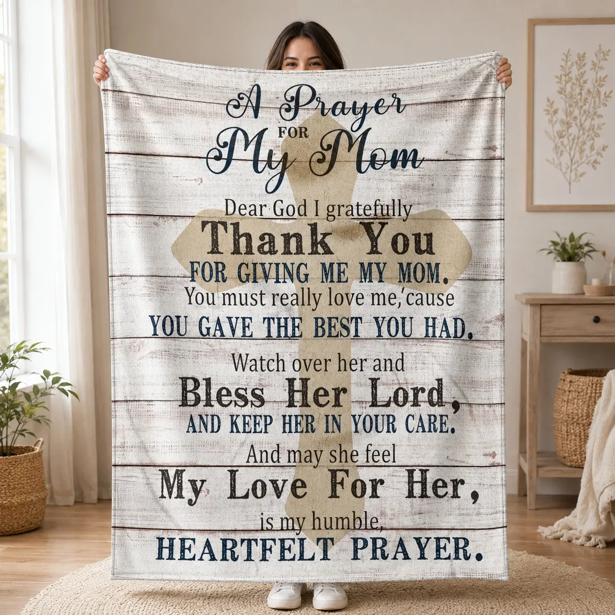 For Mother's Day Religious "A Prayer For My Mom" Blanket,Rustic Wood Cross Soft Throw, Best Gift for Mom for Birthday/Mother's Day,Birthday Gifts for Mom from Daughter, Son Birthday Presents for Moms