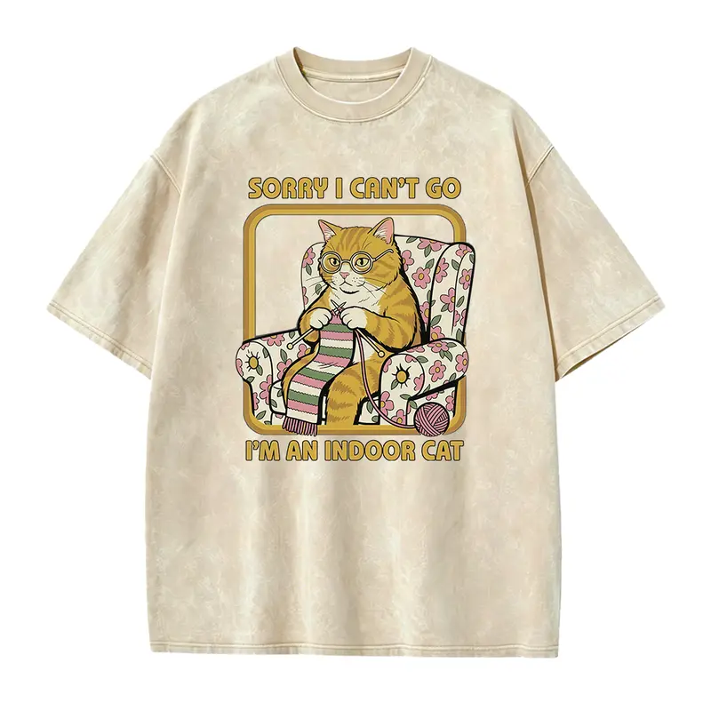 Men's Funny Cat Graphic Menswear T-Shirt - Casual Short Sleeve (Shortsleeve) Loose Baggy Round Neck Top with Sarcastic Introvert Quote, Smooth Seamless Solid Cotton Fabric, Printed Text