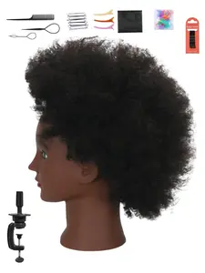 100% Human Hair Mannequin Head, Braiding Practice Dummy with Stand, Face African Curl Explosive Hair Model, Ideal for Braiding Training