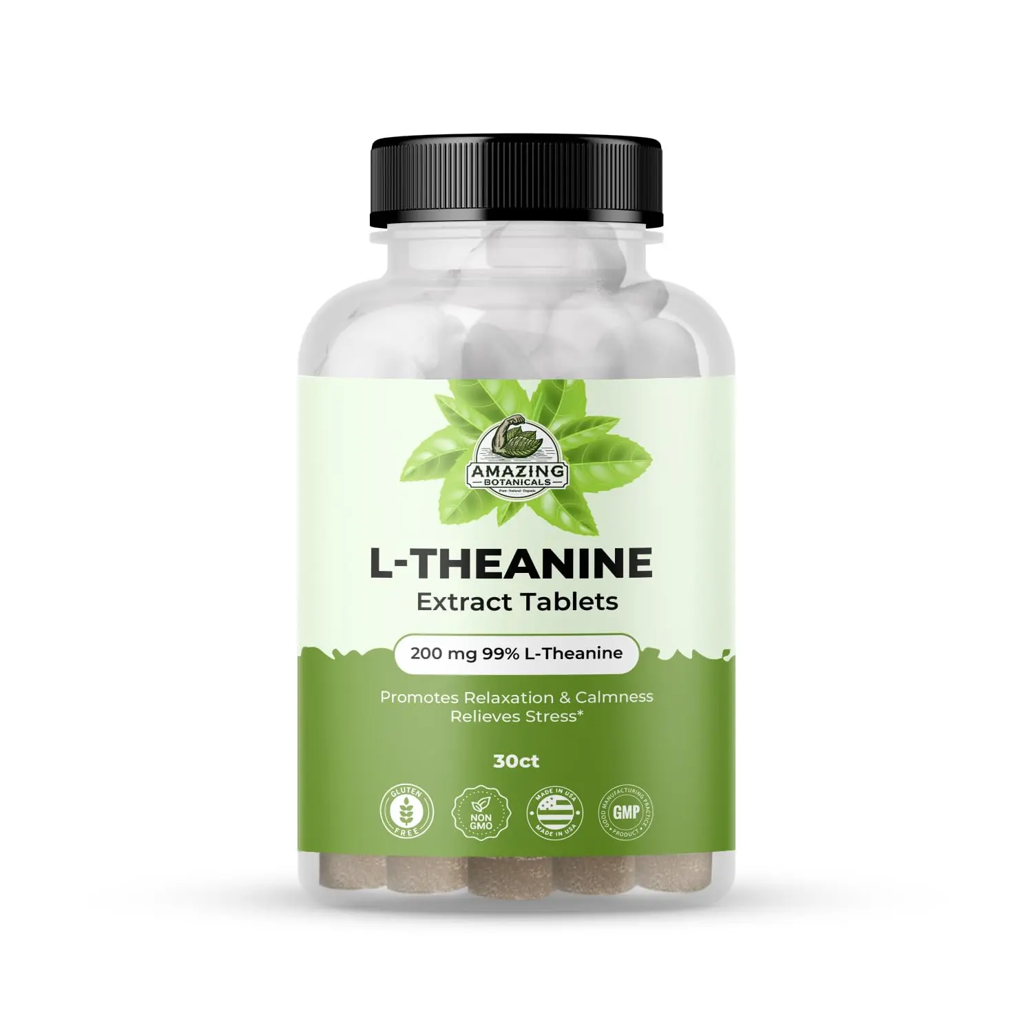 Amazing Botanicals Gluten-Free L-Theanine Tablets for Adults - 200mg 99% Pure Edible Dietary Supplement, Brain Health Support, Relaxation Boost - 30 Tabs