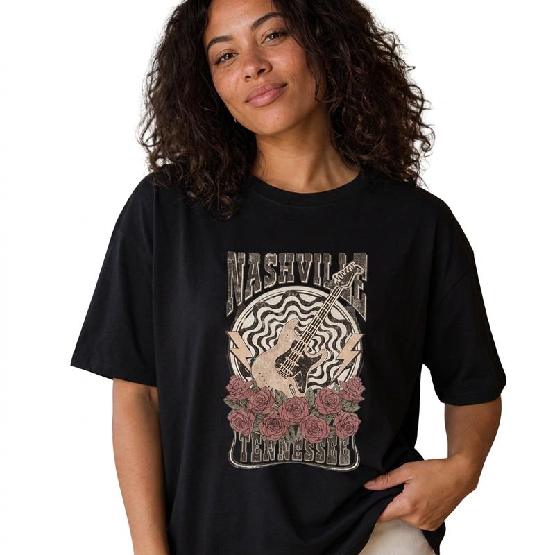 Vintage Nashville Guitar and Roses Women's 100% Cotton Graphic Tee Retro Country Music Shirt