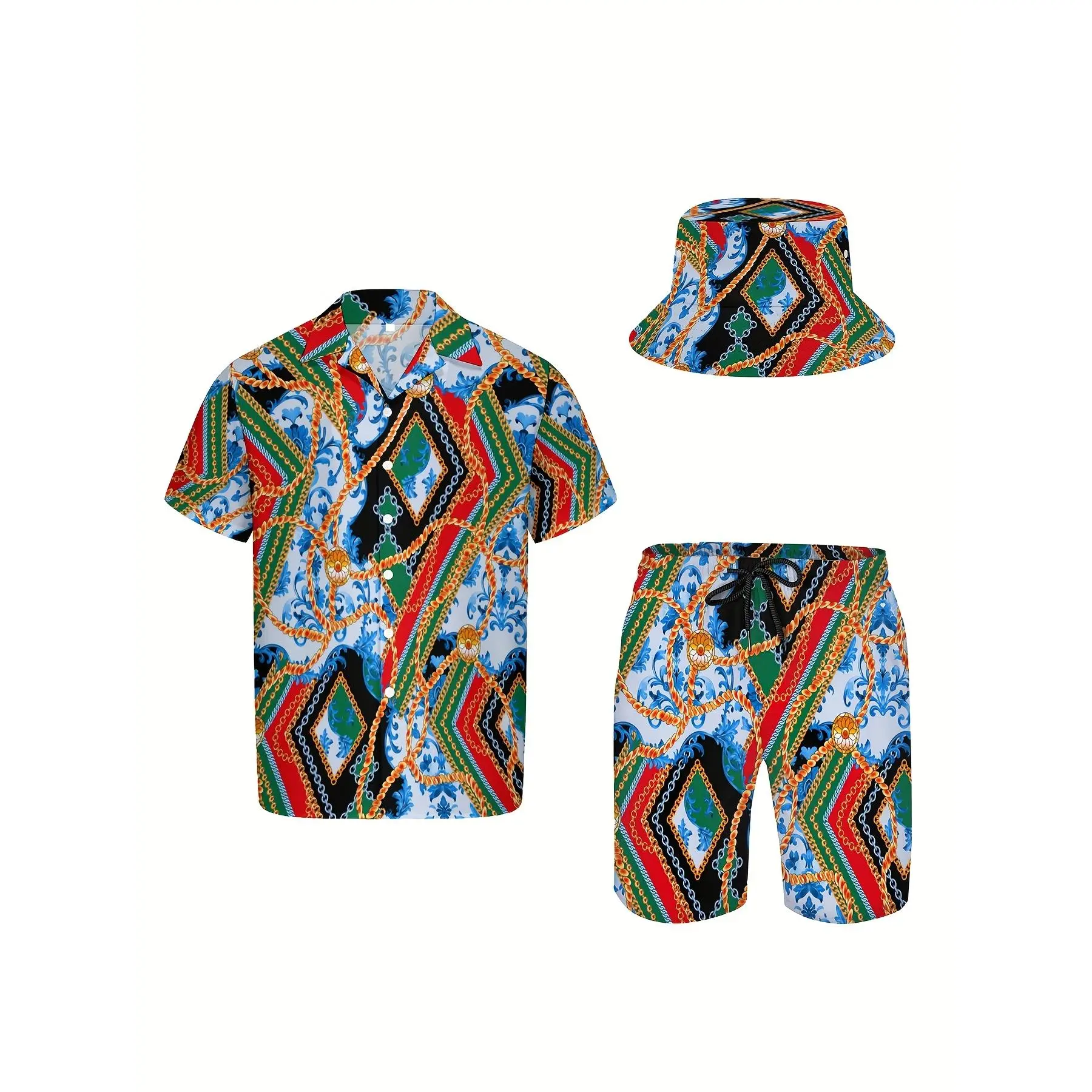Three-piece men's Hawaiian shirt and shorts set, Baroque luxury green-red gold chain pattern, soft fabric, breathable button-down short-sleeve casual beach shirt set with fisherman hat