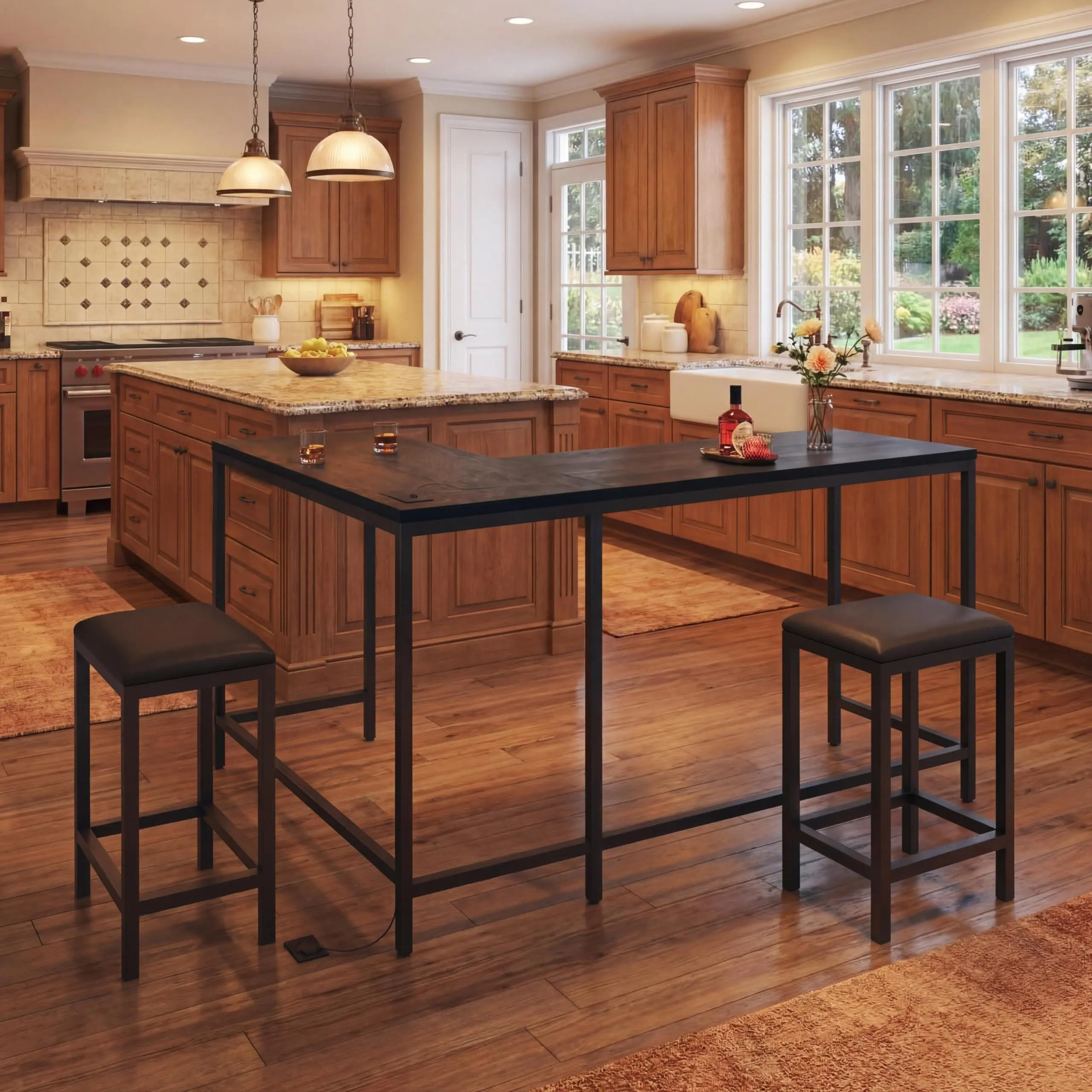 Bar Table and Chairs Set, 63'' L-Shaped Bar Table with 2 Stools, Counter Height Kitchen Table with Built-in Power Outlets, Left/Right/Straight Convertible Design, Faux Leather Upholstered Seating
