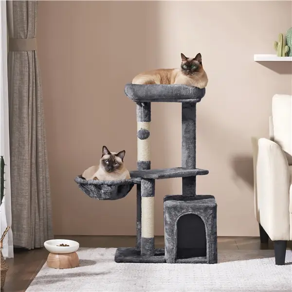 Yaheetech Single Unit Plush/Sisal Classic Small Cat Tree with Kitten Condo, 34-54in Multi-Level Cat Tower - Tunnel Play, Hammock, Particle Board Base, Natural Sisal Scratcher Post, 22lb Capacity Raised Top Perch for Views, Top Perch / Condo: 22 Lb
