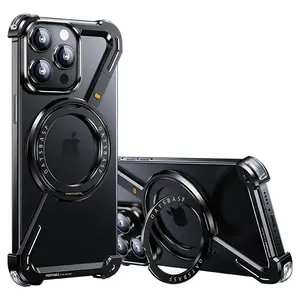 Aluminum Alloy and Rubber Pad Protection Phone Case for iPhone 15 Pro Max with 360° Rotatable Invisible Holder and Military Grade Drop Protection - Accessories