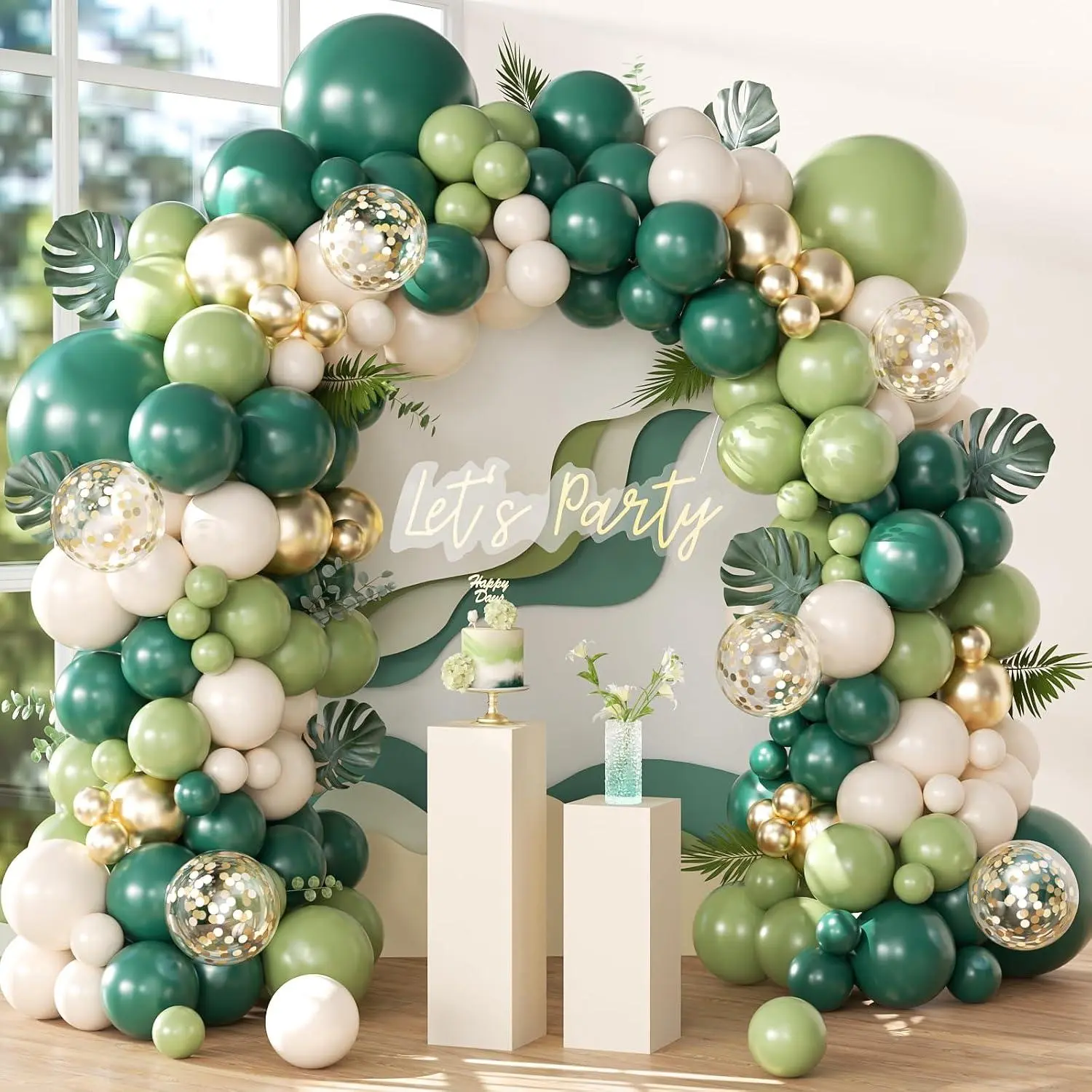 Dark Green And Gold Balloons Arch Kit For Birthday Party Decoration | Double Stuffed Emerald Olive Green Beige Gold Confetti Balloon Garland Arch, Graduation, Wedding, Safari Party Decor, 142Pcs