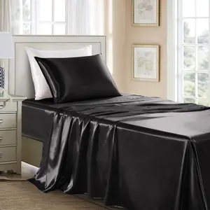 Sheets Twin XL Size - 3 Pieces Luxury Soft Bed Sheets, Wrinkle-Free Black Silk Sheet Set with 1 Deep Fitted Sheet, 1 Flat Sheet, 1 Pillow case