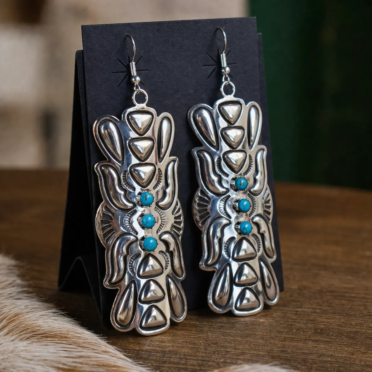 Women's Authentic 925 Sterling Silver Sleeping Beauty Turquoise Fishhook Dangle Earrings - 3in L x 1.25in W, Handcrafted by Native Artist, Hand-stamped, Radiant, Elegant, Full of Southwestern Soul, All-Natural Fashion Jewelry