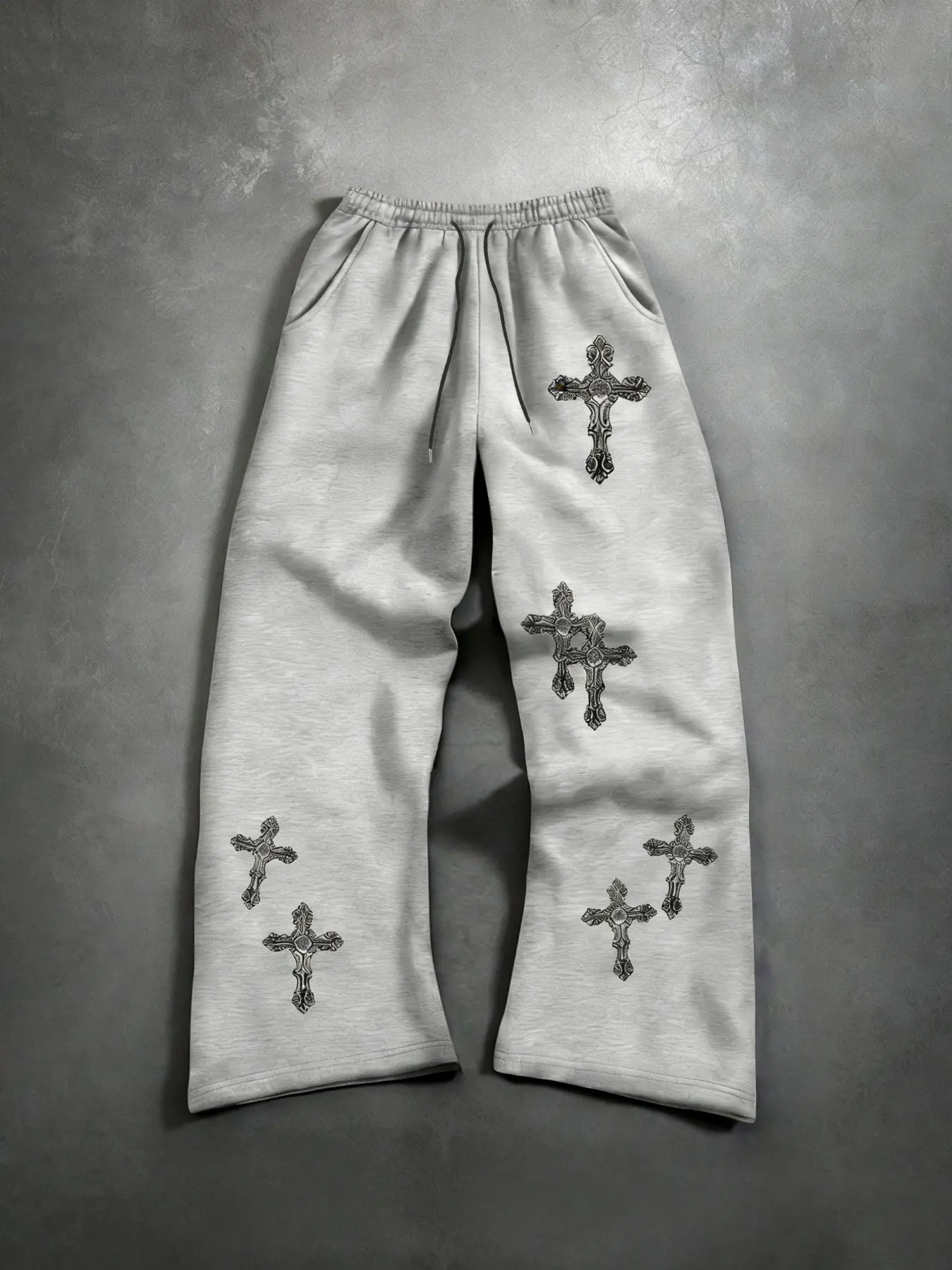 Trendy Religious Cross Graphic Print Sweatpants, Loose Oversized Wide Leg Design, Men's Street Style Pants, Casual All Seasons Wear, Menswear, Casual Streetwear Pants, Casual Streetwear Trousers, Casual Comfy Trouser