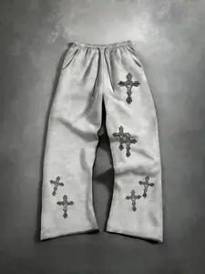 Trendy Religious Cross Graphic Print Sweatpants, Loose Oversized Wide Leg Design, Men's Street Style Pants, Casual All Seasons Wear, Menswear, Casual Streetwear Pants