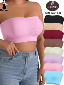 Seamless Plus Size Women's Comfortable Breathable Elastic Strapless Bra Set,No Padding,Min Support,Sleep Bandeau Underwear, Pure Color Basic Top,Soft&Stretch,Fit,Casual Daily Home Wear,All Seasons