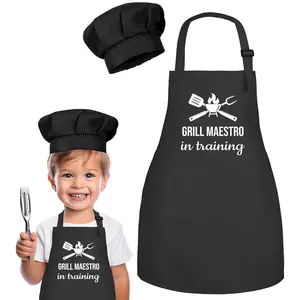 Kids Apron and Chef Hat Set, Grill Maestro in Training Funny Child Apron with 2 Pockets for Boys Girls