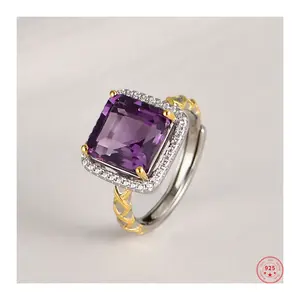 S925 Sterling Silver Contrast Color Ring | Amethyst & Yellow Crystal Women's Jewelry