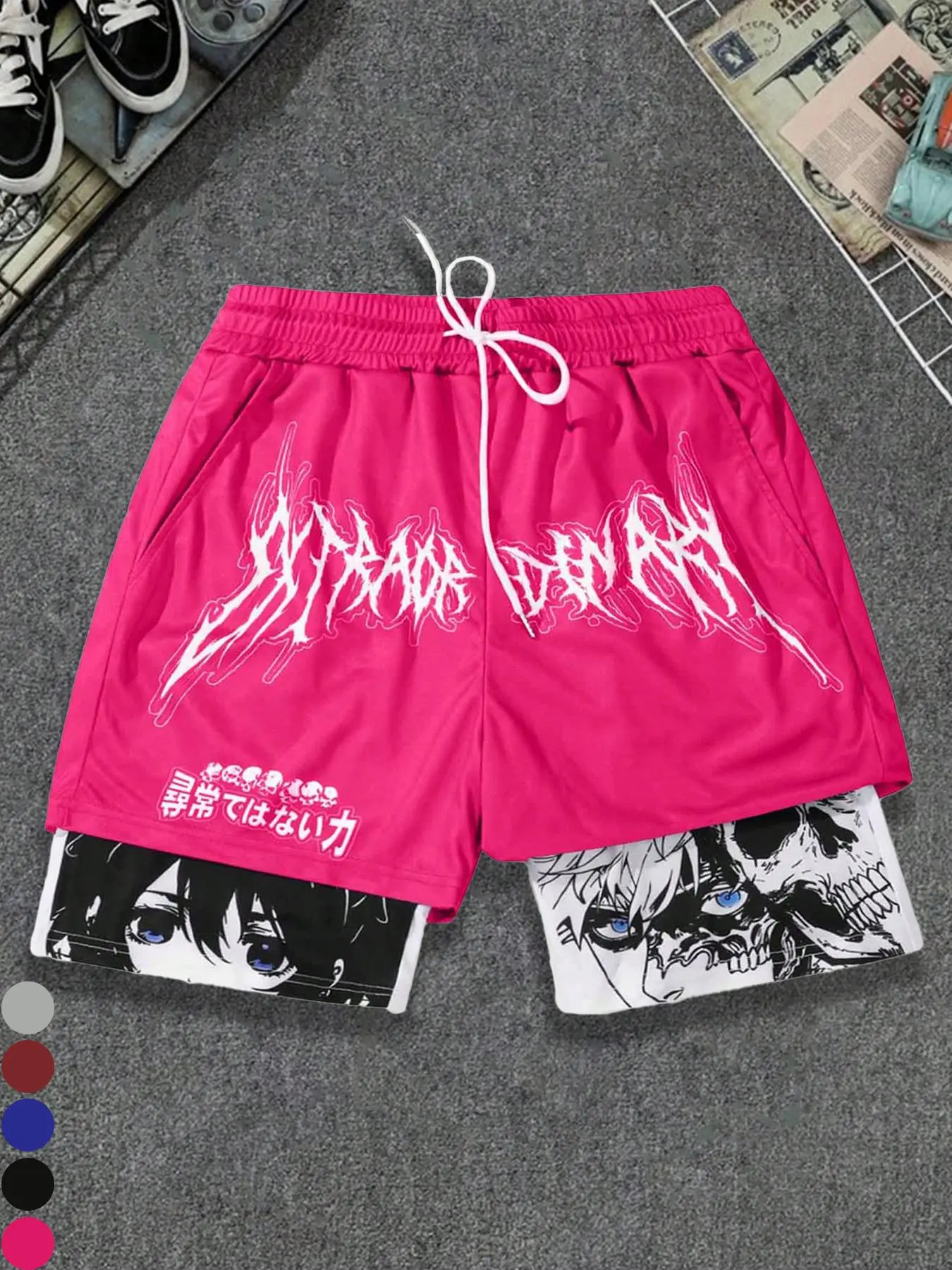 Men's Cartoon Print Patchwork Letter Fitted Drawstring Casual Street Shorts, Regular Fit Casual Comfy Shorts for Summer, Men's Bottoms for Daily Wear, Graphic Print Shorts