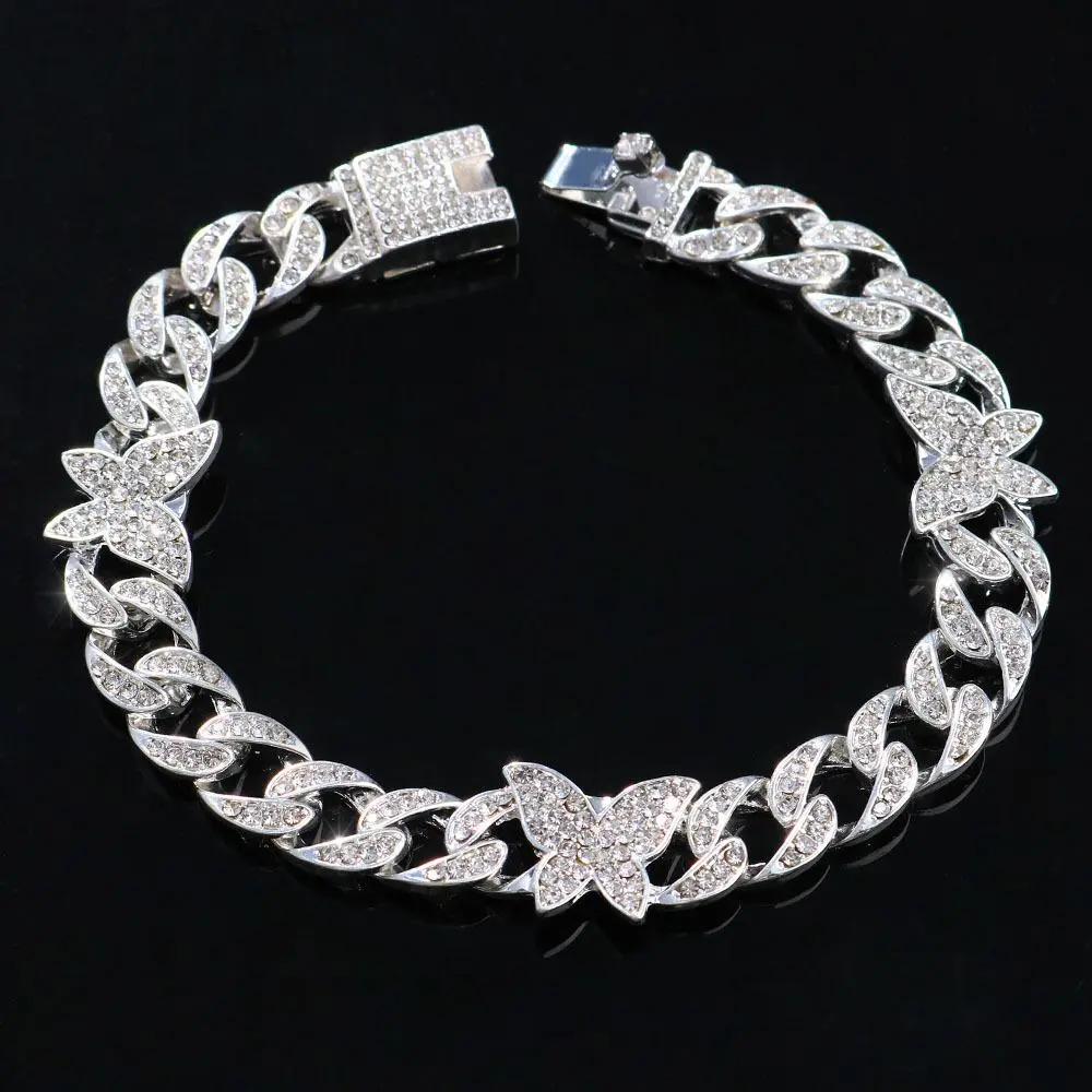 Diamond-Inlaid Cuban Link Anklet with Butterfly Motif, European/American Hip-Hop Style Jewelry for Female Wear, Foot Ornament