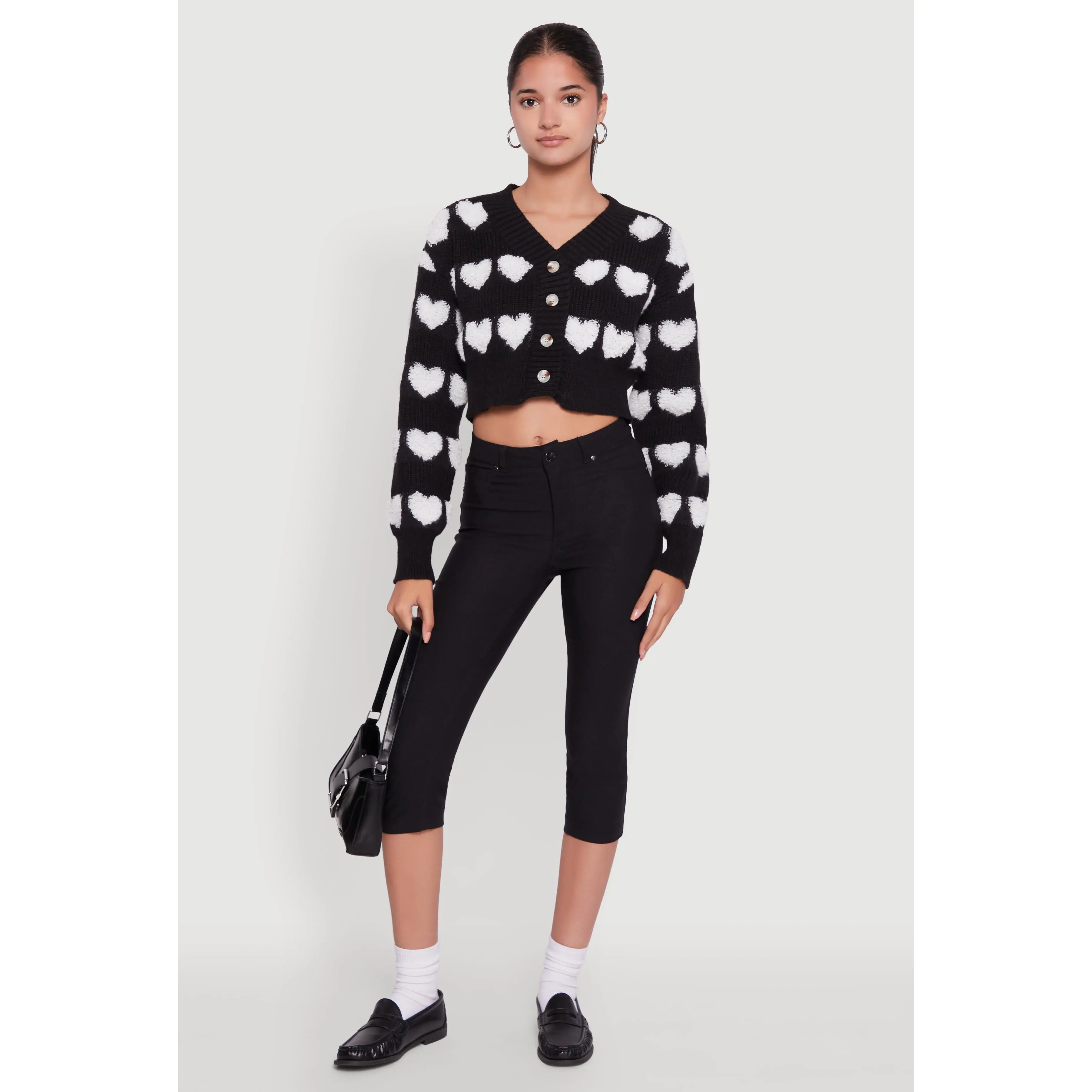 Chenille Heart Patterned Brushed Knit Cropped Cardigan