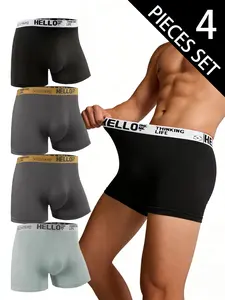 4-Pack Men's High-Elastic Breathable Briefs, Solid Color, Waistband Letter Design, Comfortable and Ventilated, Casual Shorts