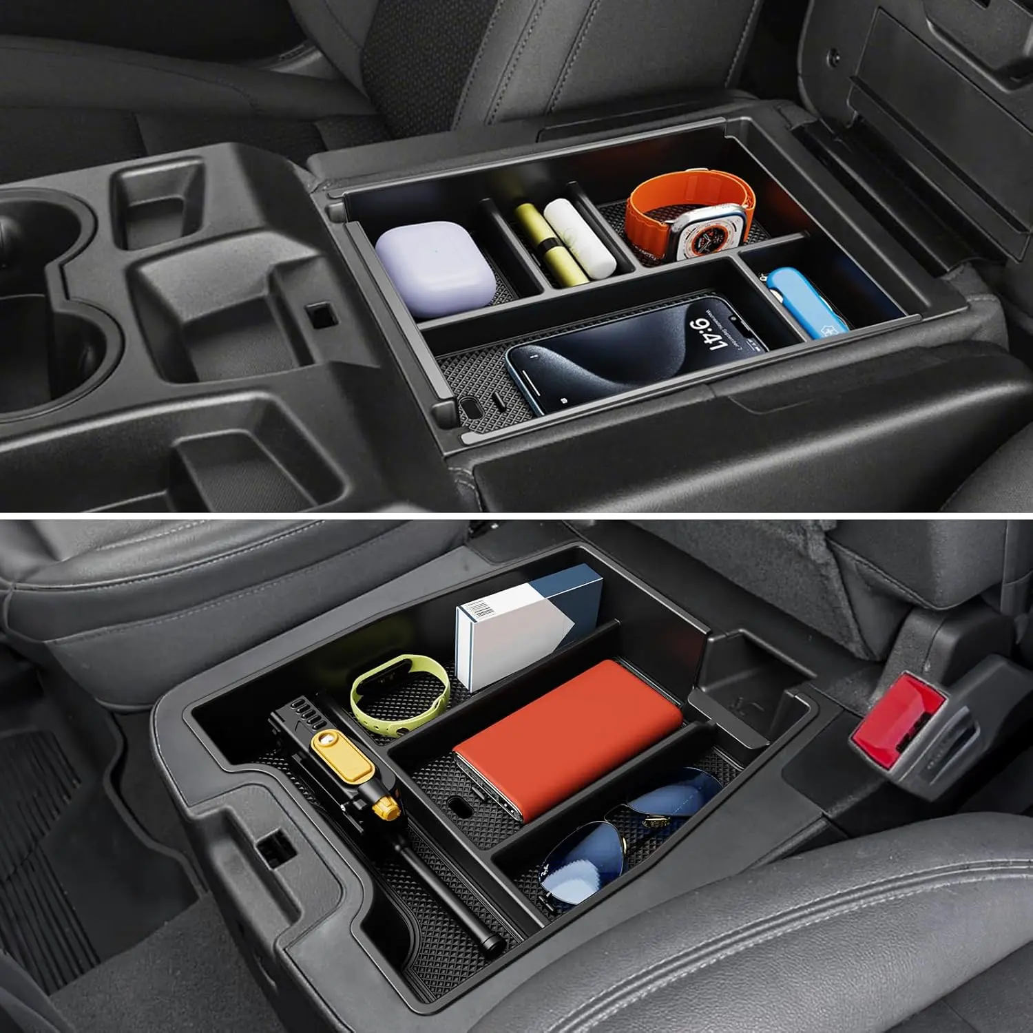 [BackToSchool]Center Console Organizer, 2PCS Storage Tray Compatible with 2019-2025 Chevy Silverado/GMC Sierra 1500 & 2020-2025 Chevy Silverado/Sierra 2500HD 3500HD (Split-Bench Folding Seat)-Black