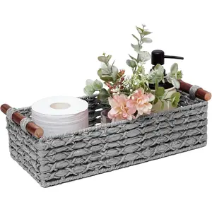 Small Storage Basket Wicker Baskets for Organizing with Handle Decorative Storage Bin for Countertop Toilet Paper Basket for Toilet Tank Top Small Baskets,Light Grey