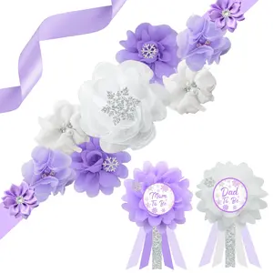 1Set Winter Snowflake Baby Shower Maternity Sash and Corsage Pin Set Purple Daddy and Mommy to Be Corsage Pin Snowflake Sash Flowers Baby Shower Souvenir Sash for New Mom Dad Pregnancy Photography Props