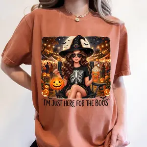 I'm Just Here For The Boos T-Shirt, Funny Halloween Doll Face Witch T-Shirt, Halloween Humor T-Shirt, Girly Spooky Season T-Shirt, Pumpkin Png