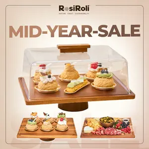 【NewYear2026】Acacia Wood Cake Stand 2in1 with Plastic Lid & Bowl-Square Cake Display Stand for Dessert/Fruit/Cheese/Chips/Donut-Organiser,Valentine’s Day Gift