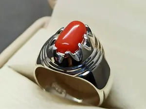 Natural 5 Carat Capsule Shape Australian Red Coral Sterling Silver 925 Handmade Marjan Men's Star Shape Ring