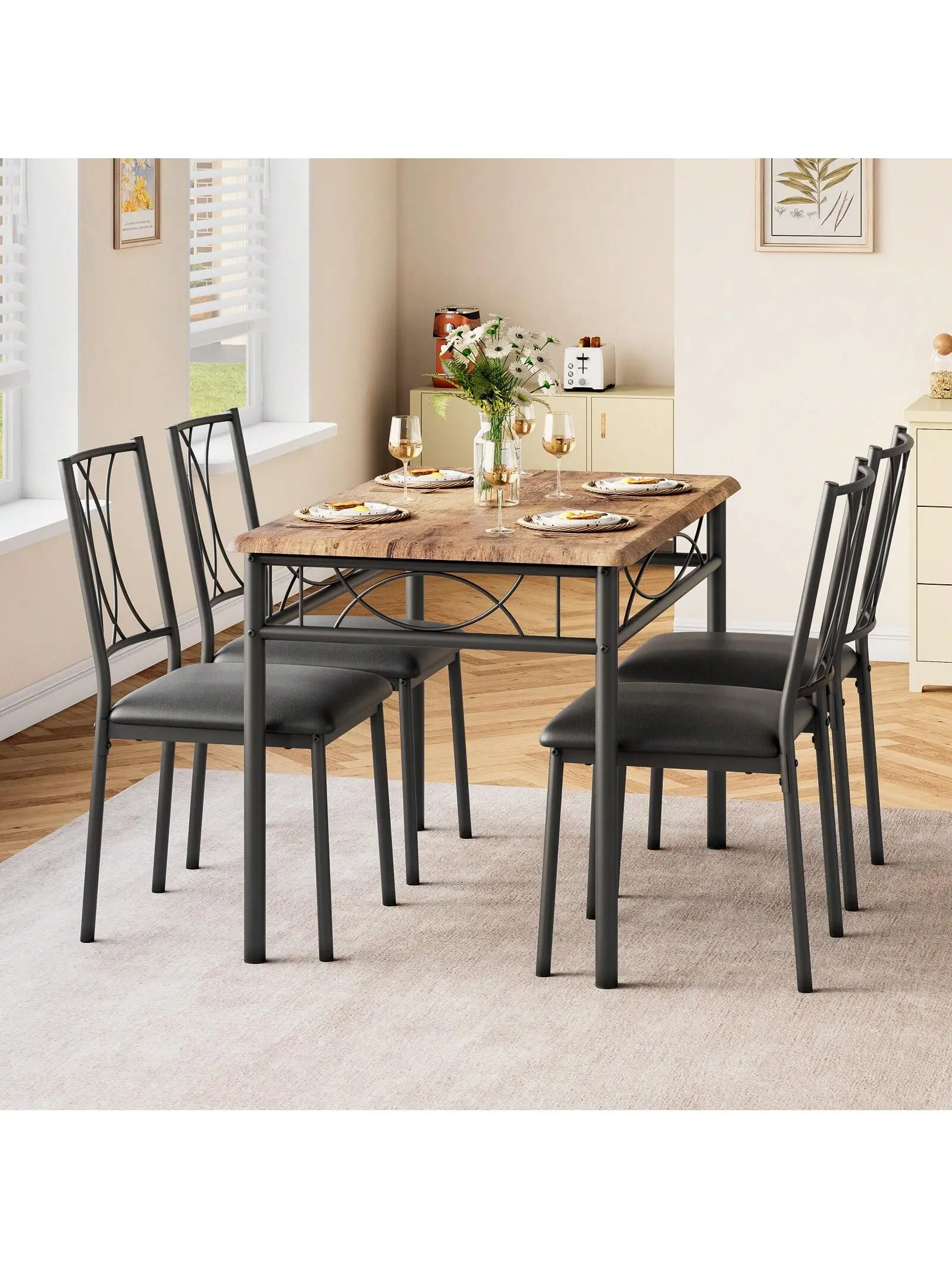 Garvee 4-Seat Compact Black Rectangular Dining Furniture Set - MDF & Steel Table (43.3"l*27.6"w*30"h), 4 Upholstered Chairs (17.75"l*15.16"w*35"h), Rustic Brown Waterproof Coating, Durable, Storage, Easy Assembly for Small Spaces, Apartments