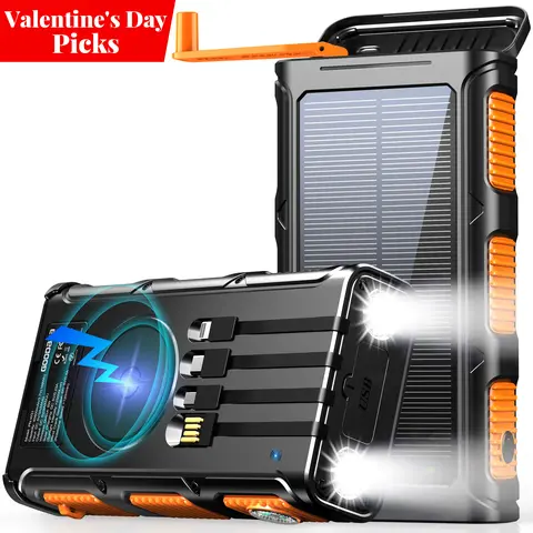 GOODaaa W31 Multifunctional Power Bank - 45800mAh 15W Speed Solar Charging Battery, Phone Accessories, Built-in Hand Crank & 4 Cables (Micro USB Included), 7 Outputs & 4 Inputs (USB-C Input), SOS/Strobe/Strong Flashlights, Compass, Valentine's Day Gift