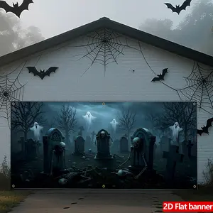 Halloween Garage Banner, Spooky Cemetery Scene, Ghosts & Graves Design, Durable Polyester Material, Perfect for Halloween Party Decorations