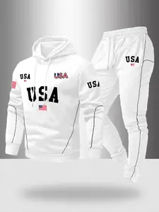 Men's Fall Winter Casual Set, Fitted Hooded Sweatshirt & Long Pants, Usa Letter Flag Print, Outdoor Wear, Regular Length