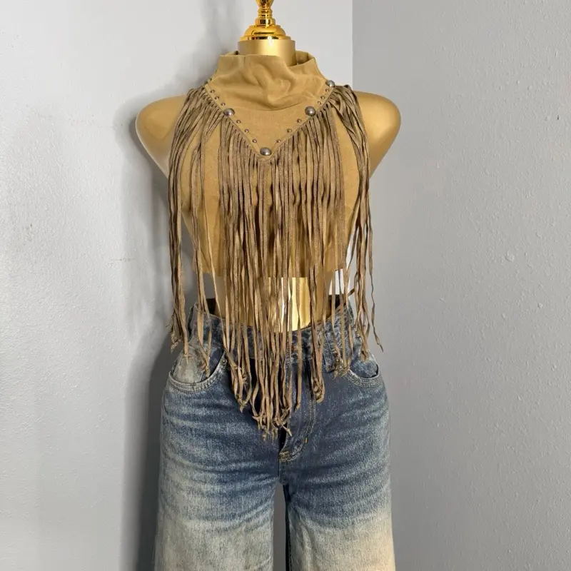 Women's Stretch High Neck Brown Fringe Crop Top with Back Zipper