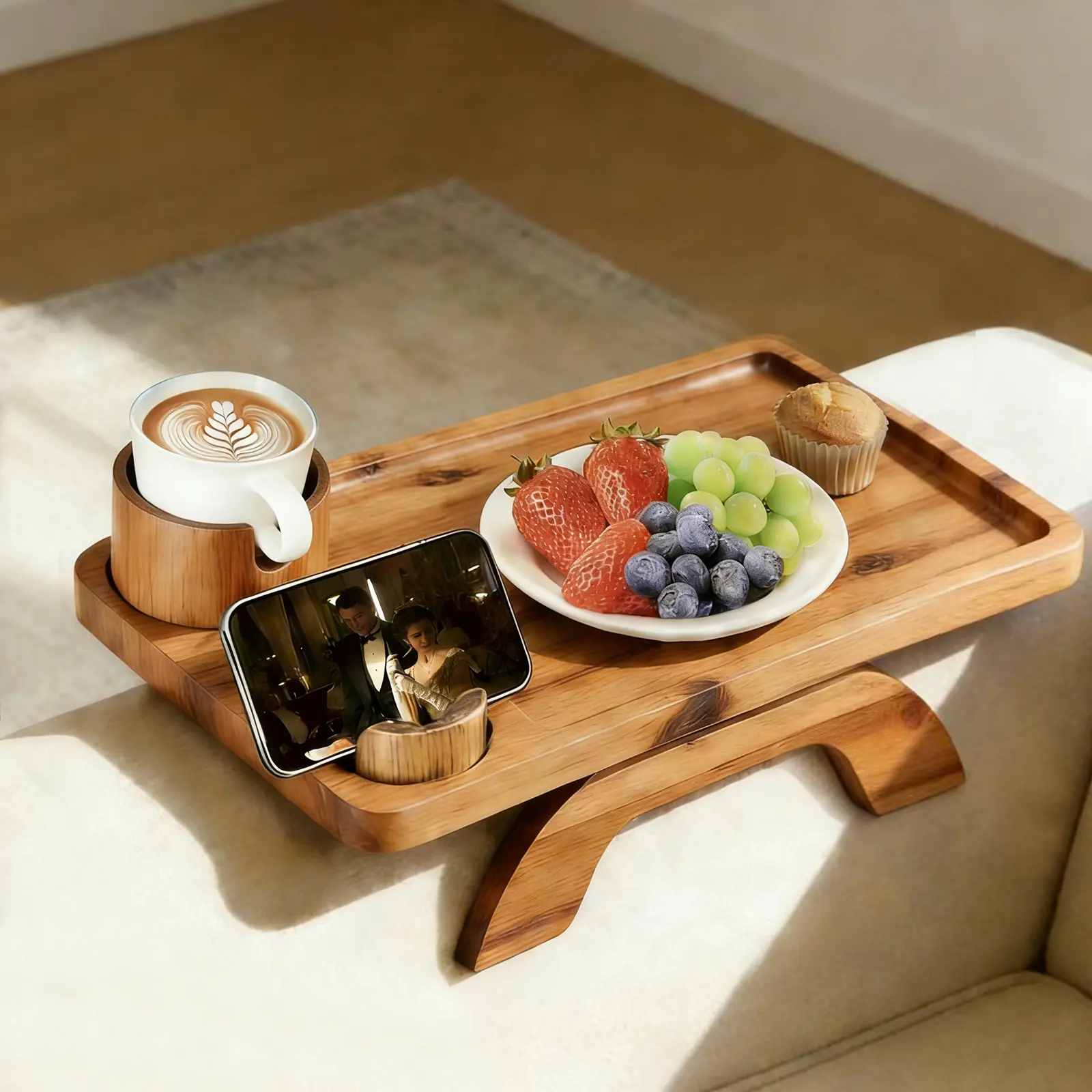 Sweetcrispy Modern Acacia Wood Clip-On Tray - 3-in-1 Rectangle Snack Tray with Cup Holder, 15.36"x9.85" Natural Grain Pedestal, 360° Rotation Stand, Non-Slip Pads, Spring Load Arm, Small-Room Saver Indoor Furniture Accessory for Watch Parties, 3-In-1 Func Sweetcrispy Modern Acacia Wood Clip-On Tray - 3-in-1 Rectangle Snack Tray with Cup Holder, 15.36"x9.85" Natural Grain Pedestal, 360° Rotation Stand, Non-Slip Pads, Spring Load Arm, Small-Room Saver Indoor Furniture Accessory for Watch Parties, 3-In-1 Func