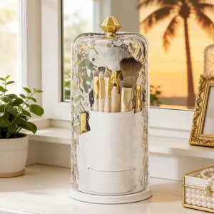 360° Rotating Cosmetic Organizer - This cosmetic storage box with dividers is perfect for storing brushes, skincare products, office supplies, and other cosmetic items. It's a durable, multi-functional desktop organizer.