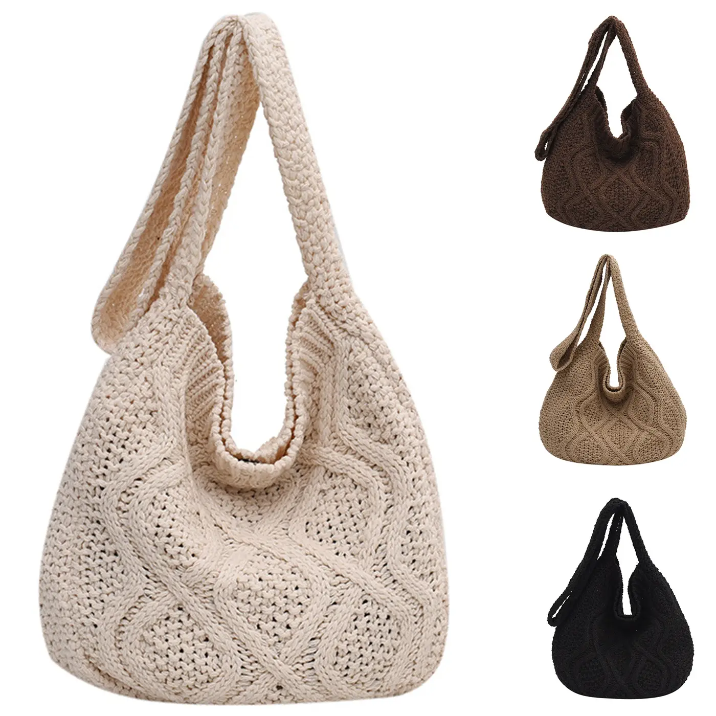Women's Minimalist Solid Color Crochet Shoulder Bag, Simple Design Plain Crossbody Bag, Casual Fashionable Knitting Bag, Large knit Bag Tote Bag Handb