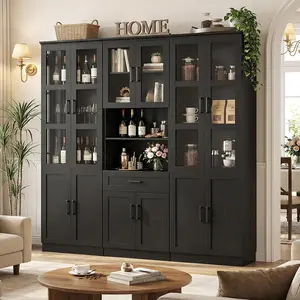 Unikito 79.7" Tall Kitchen Pantry Storage Cabinet, Freestanding Kitchen Hutch Cabinet with Tempered Glass Door, Adjustable Shelves and Drawer, Large Display Bookcase for Living Room Dining Room