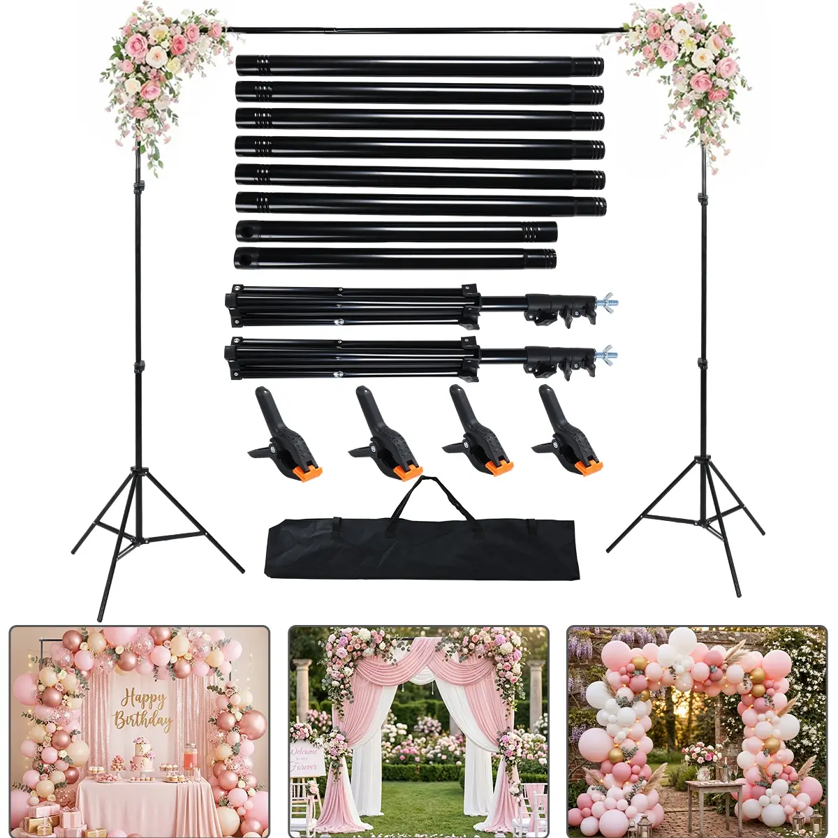 Backdrop Stand, 10x6.5ft Photo Studio Adjustable Backdrop Stand Kit, Heavy Duty Backdrop Stand with Steel Base and Carry Bag for Parties, Events Decoration, Photography, Photo Video Studio, Birthday Parties, Wedding summervibes