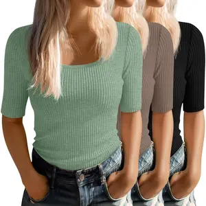 Women's Soft Ribbed Rayon Fabric 3-Pack Half-Sleeve Scoop Neck Fitted Everyday Casual Basic T-Shirts, Breathable Stylish Apricot Tops