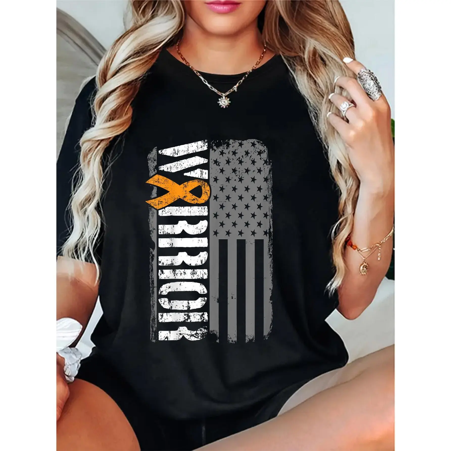Kidney Cancer Warrior - Sideways Awareness Ribbon USA Flag T-Shirt Top Womenswear Streetwear Summer Black Casual Crewneck Shortsleeve shirts women vintage graphic tees