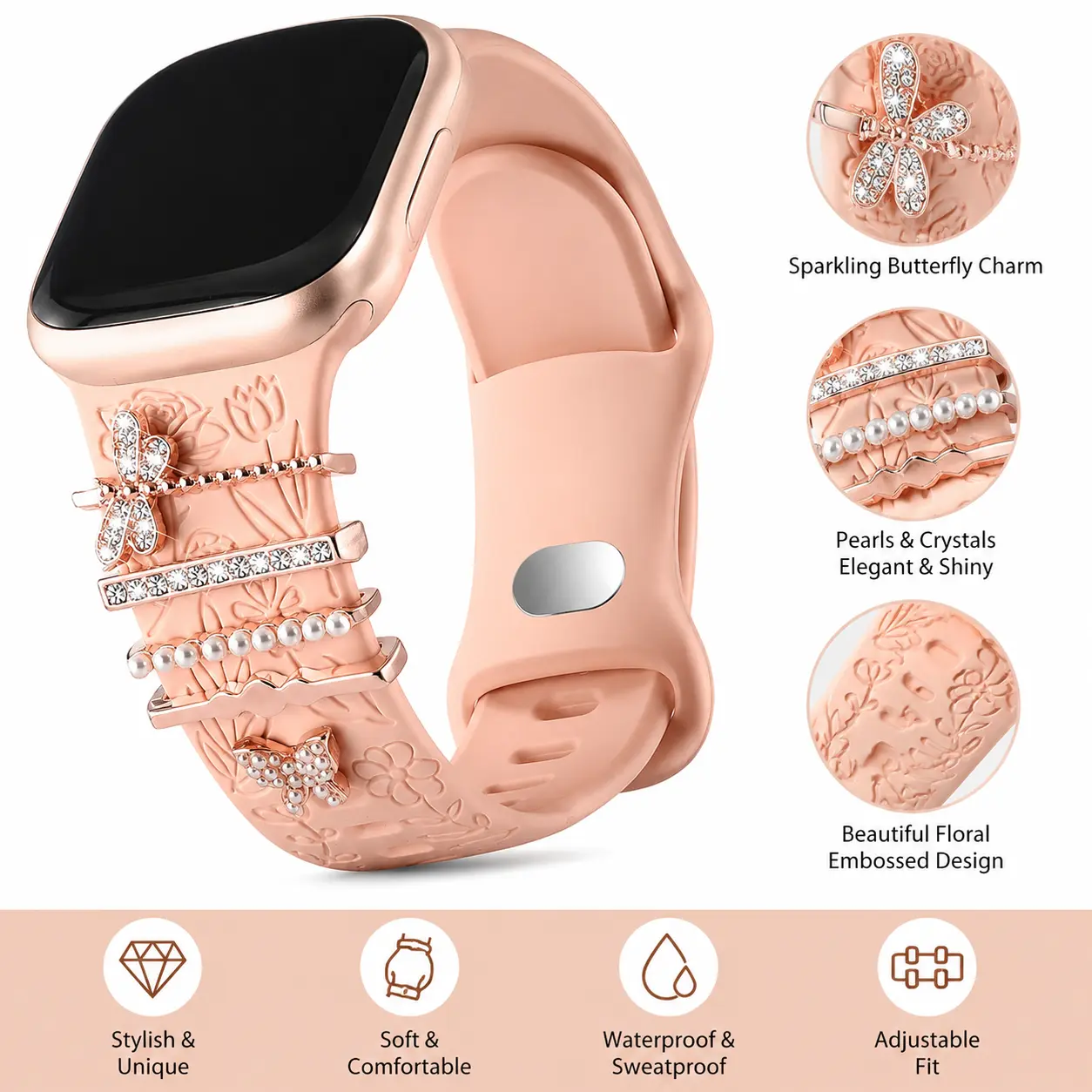 Women's DIY Charm Silicone Watch Band for Smart Watches, Pink Floral Bracelet Strap, Butterfly-Pearl Rhinestone Accessories, Customizable Jewelry-Style Wearables Wristband