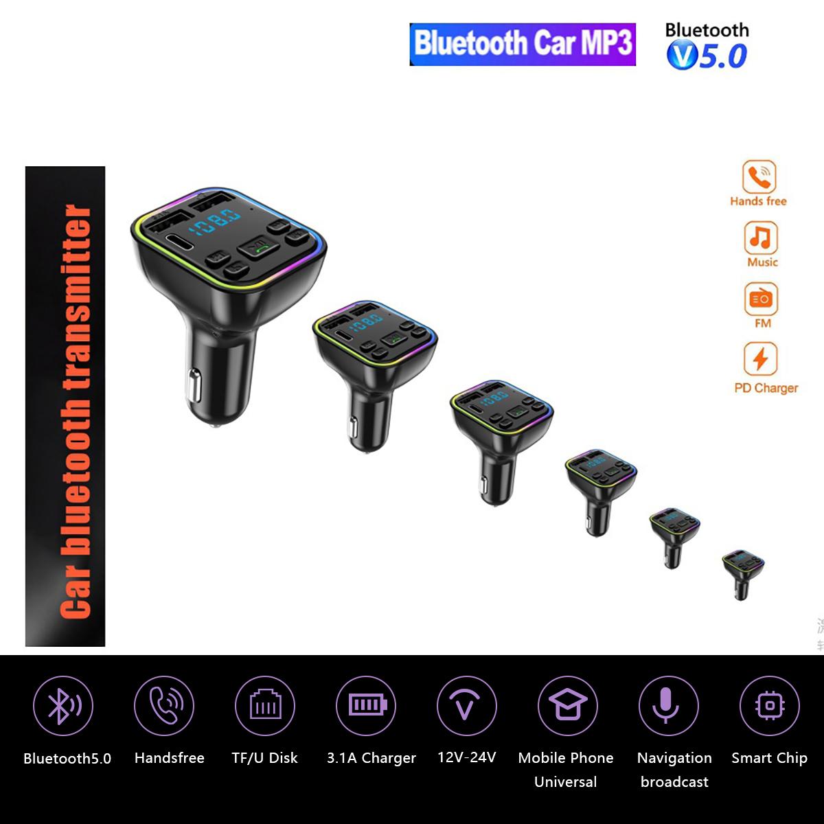 Nuokaiqi Bluetooth 5.3 Car MP3 Player FM Transmitter, 7-Color RGB LED Light & PD/USB-C Fast Charger, TF Card/USB Disk Supported, Lossless Audio Sync Car Must-Haves