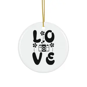 LOVE CAMERA ORNAMENT, CHRISTMAS DECORATIONS, 3 INCHES CIRCLE ORNAMENT, CERAMIC ORNAMENT