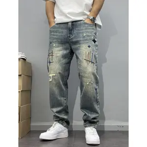 Vintage Washed Distressed Ripped Stacked Denim Jeans for Men High Street Style Tapered Straight Leg Casual Trousers Patchwork Embroidered Trendy Mens Pants