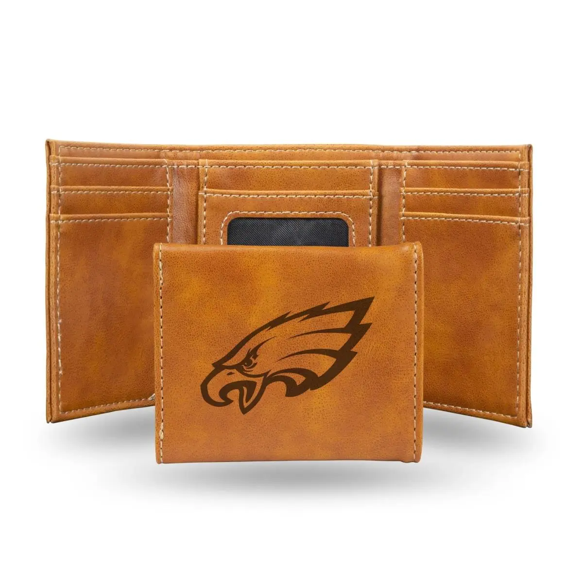 Philadelphia NFL Eagles Brown Faux Leather Laser-Engraved Trifold Wallet with Black Logo, Trifold Card Holder, Official License