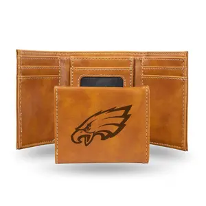 Rico LETRI2501BR NFL Philadelphia Eagles Brown Faux Leather Laser Engraved Trifold Wallet with Black Logo