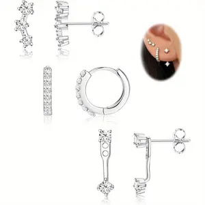 3 Pairs Earrings Set, Delicate Earrings, Hugging Small Hoop Earrings, Trendy Cute Earring Stacks for Sensitive Ears, Huggie Small Hoop Earrings for Women, Silver Earrings Set for Multiple Piercing Dainty Stud, Earrings Stacking Flat Pierced Jewelry