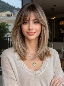 14 Inch Shoulder Length Straight Hair Wig with Bangs, Natural Looking Wig, Full Head Silk Fiber Heat Resistant, Natural Look for Women Daily Wear Synthetic Hair Wigs Synthetic Material Wigs, Synthetic Smooth Wig