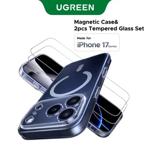 UGREEN Magnetic Protective Smartphone Cover for iPhone 17 Series, with 2pcs 9H Tempered Glass Screen Protectors for iPhone 17 Pro, Military Grade Drop Proof, MagSafe Compatible, 360° Full Guard, Durable, Anti-Yellowing, Shockproof Phone Accessories