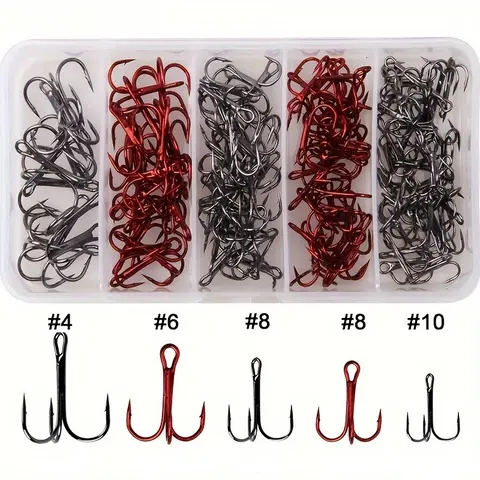 Fishing Treble Hooks Kit, Carbon Steel Triple Hooks, 3 Claw Fishing Hooks Strong Sharp Round Bend for Lure Baits Saltwater Freshwater Fishing, Fishing Tackle, Fishing Accessories, Fishing Equipment, Fishing Hook Set, Fishing Supplies
